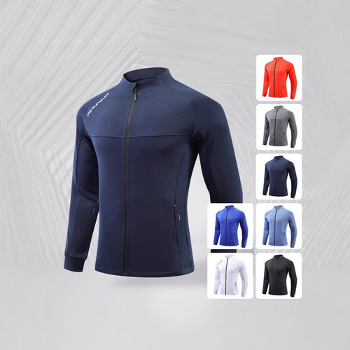 Herren Eng anliegende atmungsaktive Laufjacke mit durchgehendem Reißverschluss und Reißverschlusstaschen – Cavarno