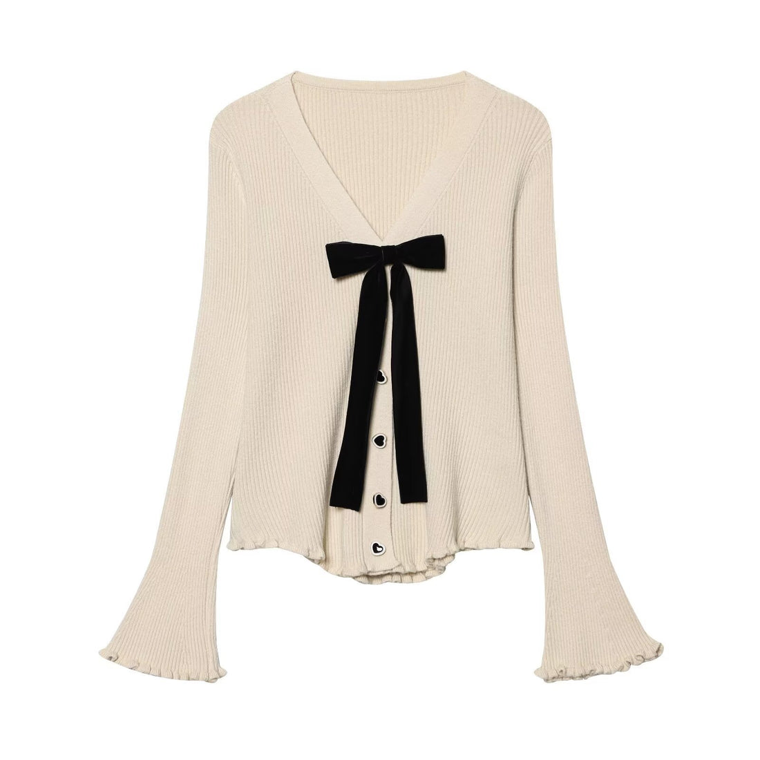 Damen Feinstrick-Cardigan mit V-Ausschnitt, Samtschleife und Herzknöpfen Echoarchiv