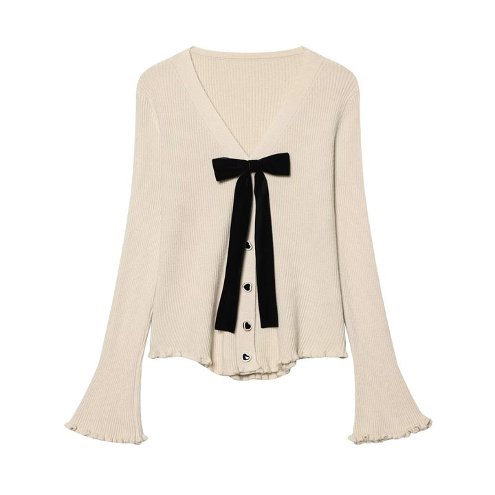 Damen Feinstrick-Cardigan mit V-Ausschnitt, Samtschleife und Herzknöpfen Echoarchiv