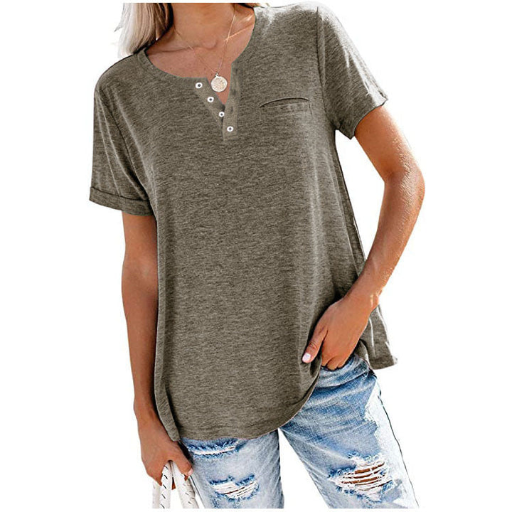 Damen hochwertiges T-Shirt mit Knopfdetail und lockerem Schnitt Echoarchiv