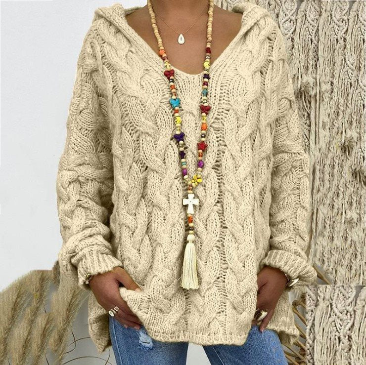 Damen Oversized Zopfmuster-Strickpullover mit Kapuze und lässigem V‑Ausschnitt Echo Archiv