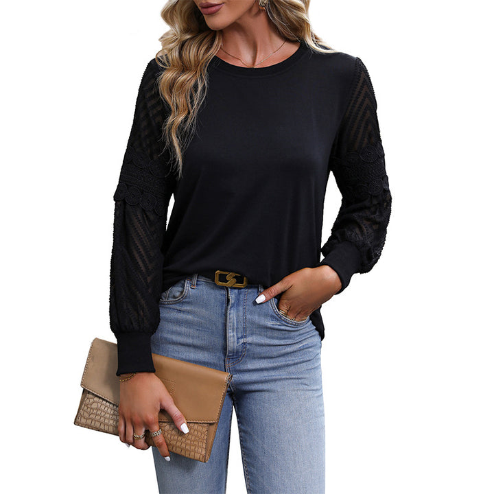 Damen Elegant-lässiges Langarmshirt mit Rundhalsausschnitt und gehäkelten Spitzenärmeln Echoarchiv