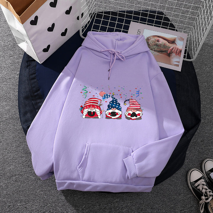 Damen Kapuzenpullover mit patriotischem Gartenzwerg-Print, angerautem Fleece-Innenfutter, Oversize-Schnitt und Kängurutasche – Auréline