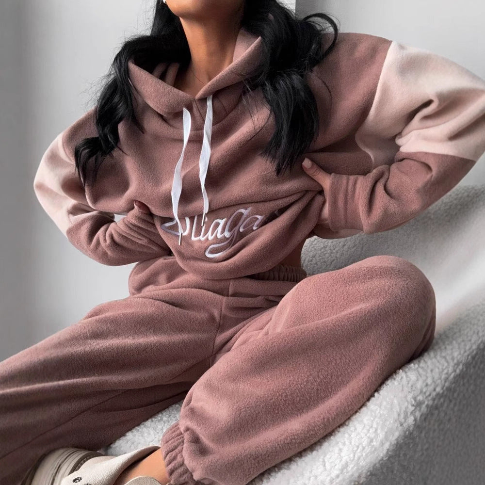 Damen kuscheliges Hoodie-Set mit kontrastärmel, elastischer High-Waist-Jogginghose und überschnittener Kapuze – Auréline