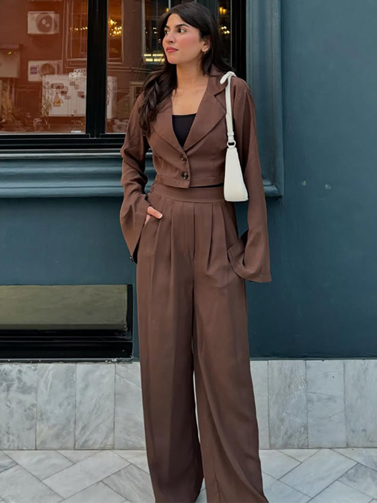 Damen Zweiteiliges Tailoring-Set Kurzblazer mit Glockenärmeln und High‑Waist Palazzohose Echoarchiv