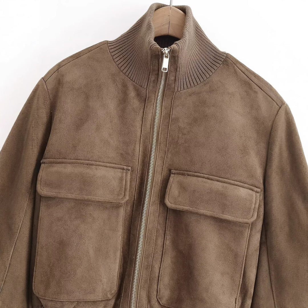 Damen Bomberjacke aus Wildlederoptik mit großen Pattentaschen und Rippbündchen Echo Archiv