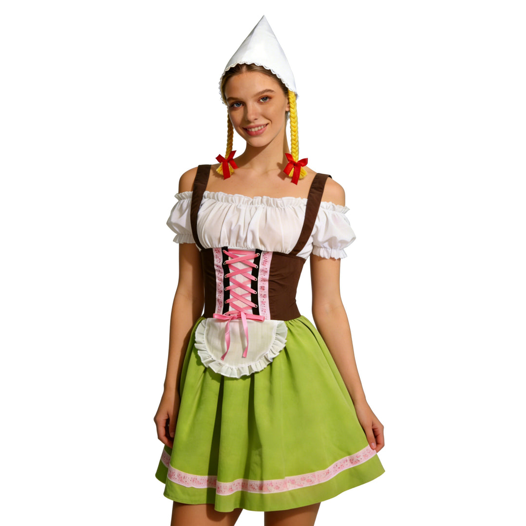 Damen nan traditionelles Dirndl-Kostüm mit Schnürung, Schürze und spitzem Kopftuch Echo Archiv