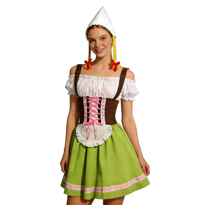 Damen nan traditionelles Dirndl-Kostüm mit Schnürung, Schürze und spitzem Kopftuch Echo Archiv