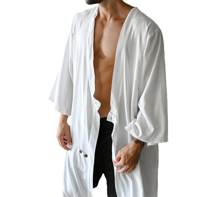 Herren langer Kimono-Hausmantel aus leichter Viskose mit weiten 3/4-Ärmeln Echoarchiv