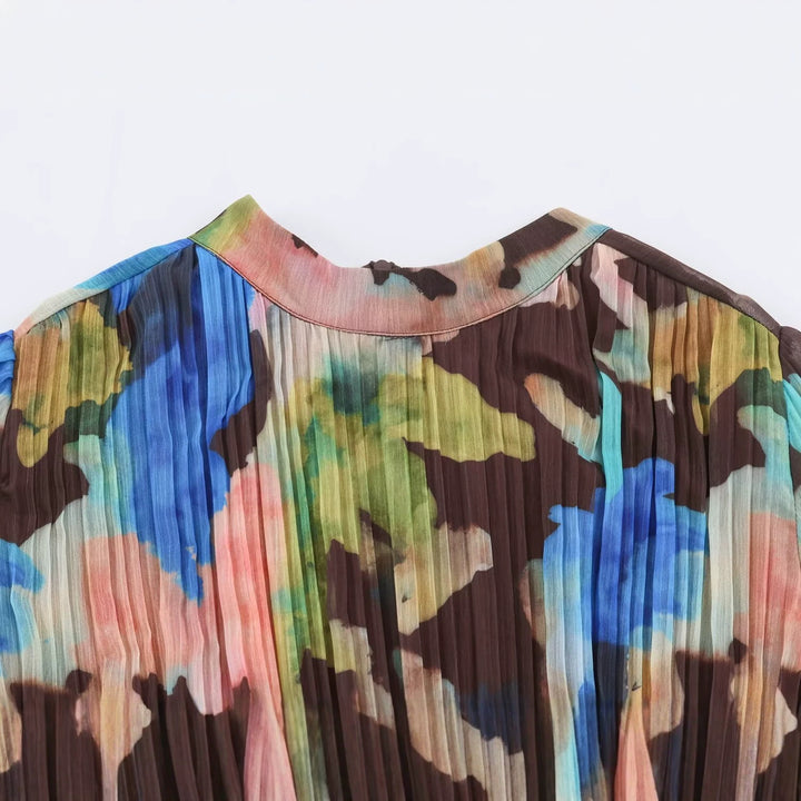 Damen Plissiertes Chiffon-Midikleid mit Aquarellprint, taillierter Silhouette und Ballonärmeln Echoarchiv