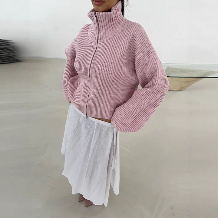 Damen Gestreifte Strick‑Zipjacke im Cropped‑Boxy‑Schnitt mit Hemdkragen Echoarchiv