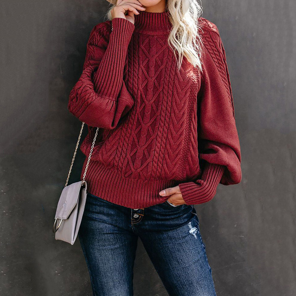 Damen nan Zopfmuster-Strickpullover mit Rollkragen und Ballonärmeln Echo Archiv