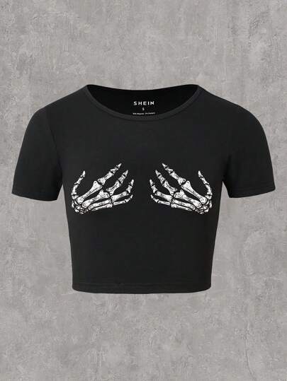 Damen Cropped T-Shirt mit kreativem Skelettdesign Echo Archiv