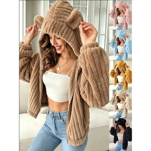 Damen Kuschelige Teddy-Kapuzenjacke mit Plüschstruktur und Kapuzenohren Echo Archiv