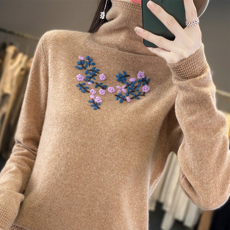 Damen Kaschmir‑Optik Rollkragenpullover mit zarter Blumenstickerei am Brustbereich Echoarchiv