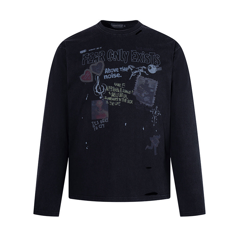 Herren Langarmshirt mit Print-Collage, Distressed‑Details und Relaxed‑Fit Echoarchiv