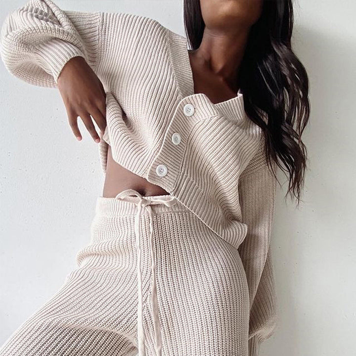 Damen Geripptes Strick-Loungewear-Set mit geknöpftem Cropped-Cardigan und High‑Waist Kordelhose – Veloura