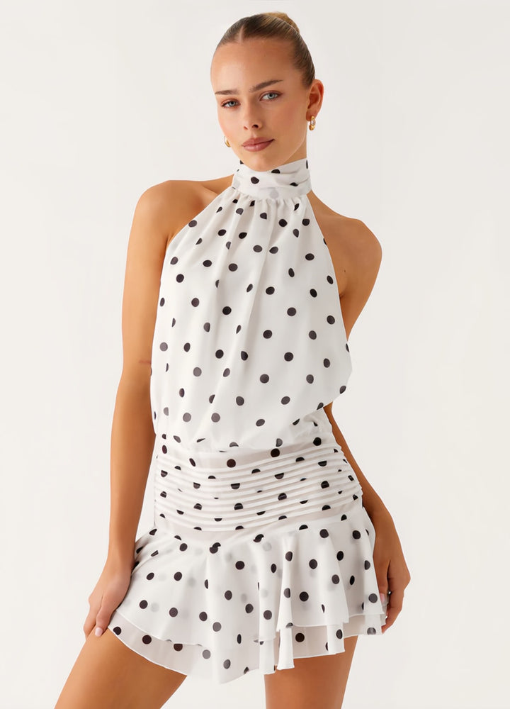 Damen Neckholder Minikleid mit Rüschensaum und gepolstertem Oberteil Echo Archiv