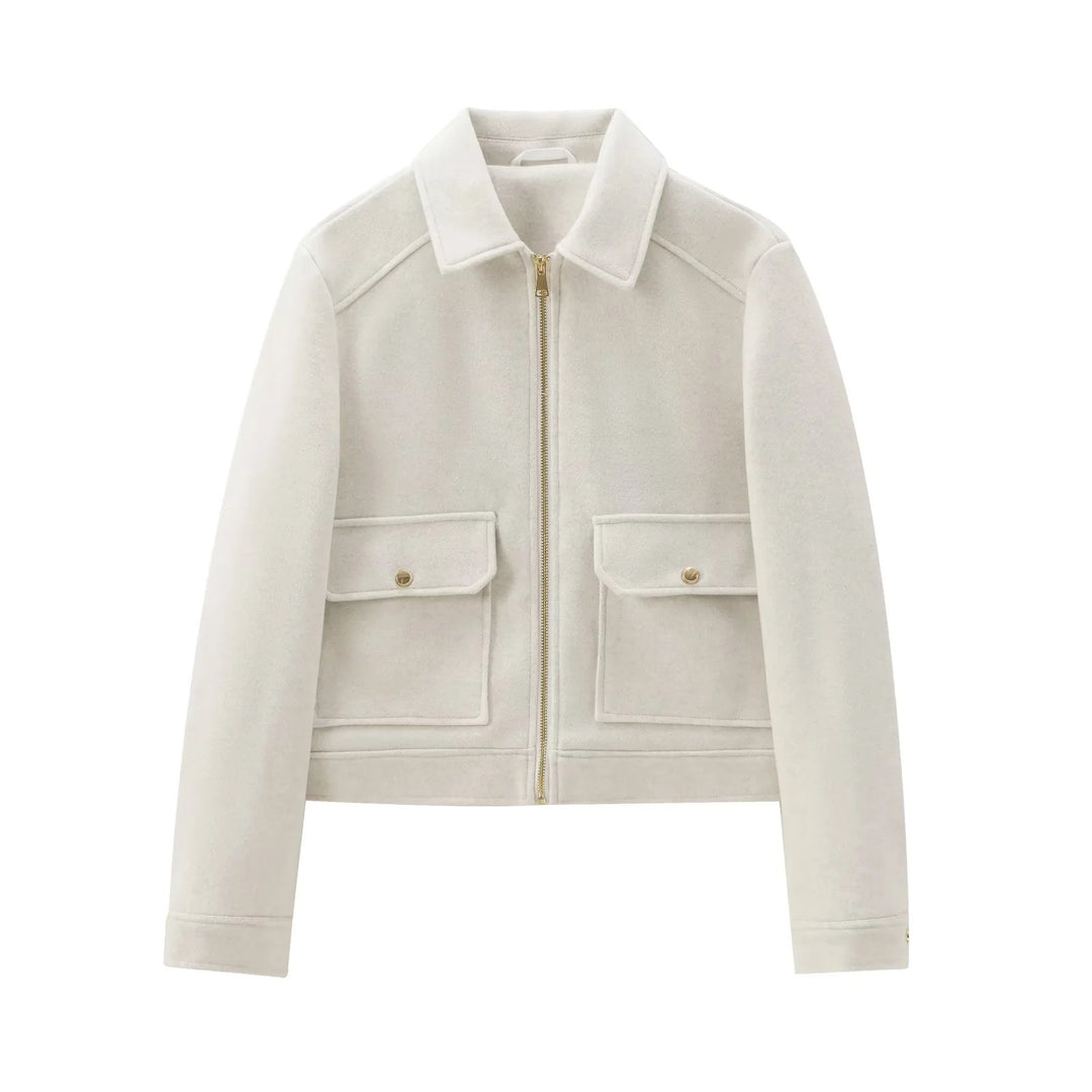 Damen 40+ kurze Woll‑Blousonjacke mit goldfarbenem Reißverschluss und aufgesetzten Pattentaschen Echo Archiv