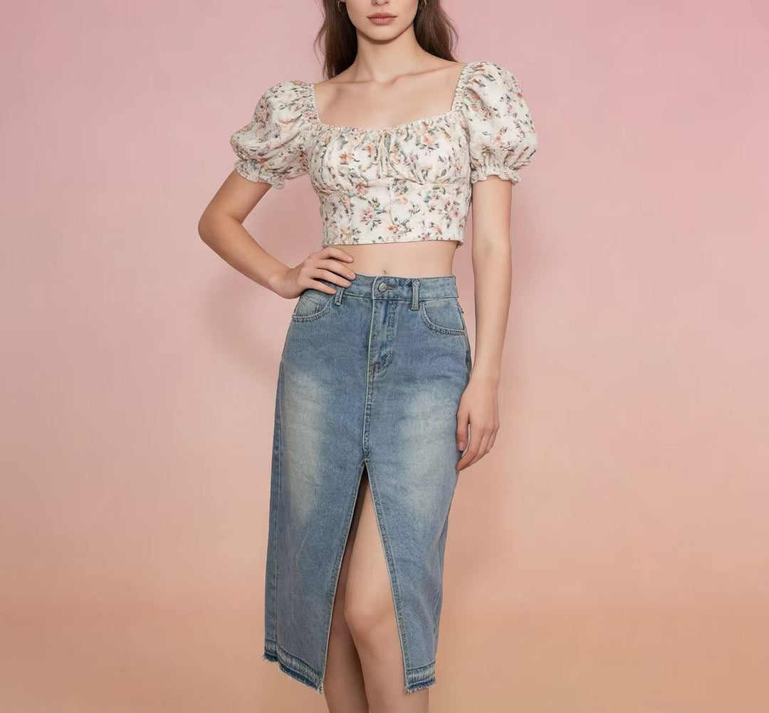 Damen Midi-Denim-Rock mit hohem Schlitz und fransigem Saum Echo Archiv