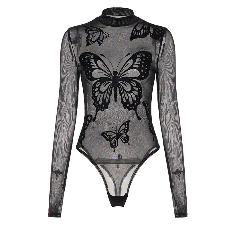 Damen Elegantes Bodysuit mit feinen Schmetterlingsmotiven und transparentem Stoff Echo Archiv