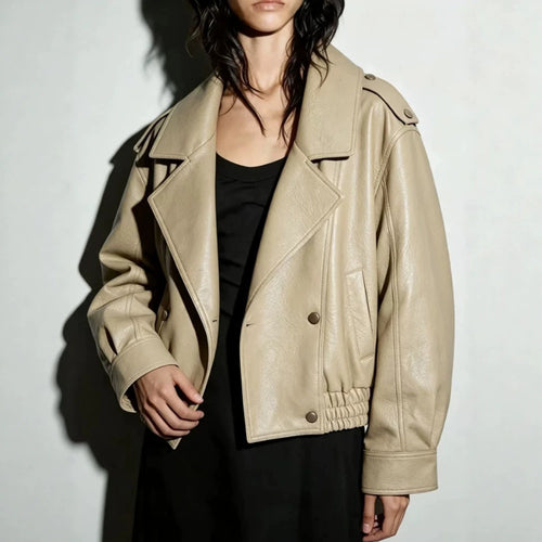 Damen Oversize Lederimitat-Blouson mit doppelreihiger Knopfleiste, weitem Revers und elastischem Saum Echoarchiv