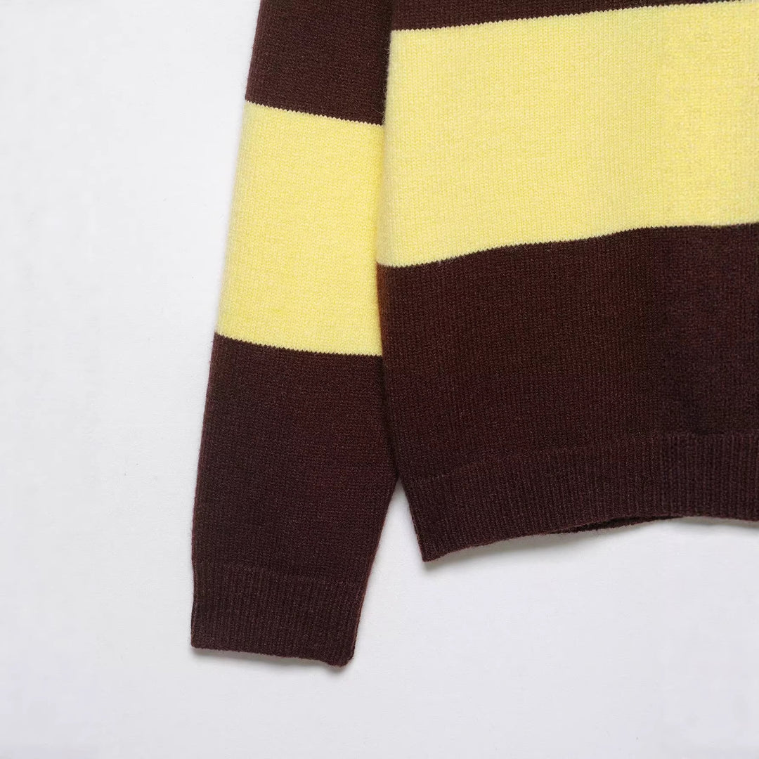 Damen Gestreifter Grobstrick-Pullover im Boxy-Cropped-Schnitt mit Henley-Knopfleiste Echoarchiv