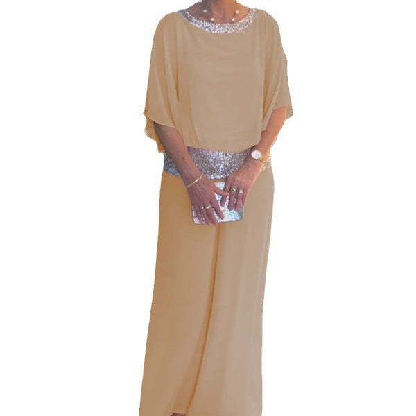 Damen Elegantes Zweiteiliges Abendensemble mit Chiffon-Cape, Paillettenbesatz und Palazzo-Hose Echoarchiv
