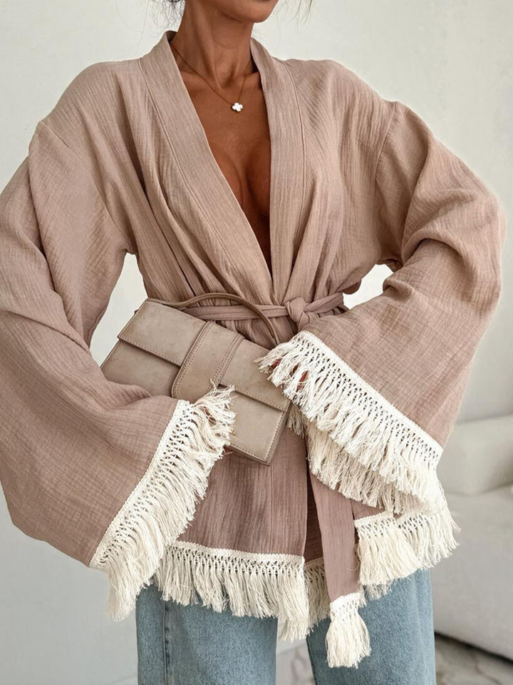 Damen Fransen-Kimono-Jacke aus Leinenoptik mit Taillengürtel Echoarchiv