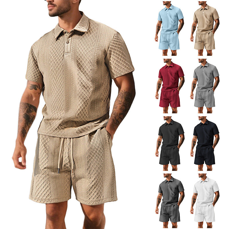 Herren nan dreidimensionales Relief-Freizeit-Set mit Polokragen, verdeckter Knopfleiste und elastischer Tunnelzugshorts Echo Archiv