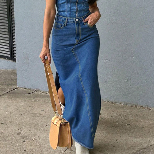 Damen High-Waist Maxirock aus Denim mit frontaler Ziernaht und seitlichem Beinschlitz Echo Archiv