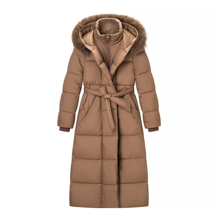 Damen nan lang geschnittener Thermosteppmantel mit separater Innenjacke, Kapuze und Bindegürtel Echo Archiv