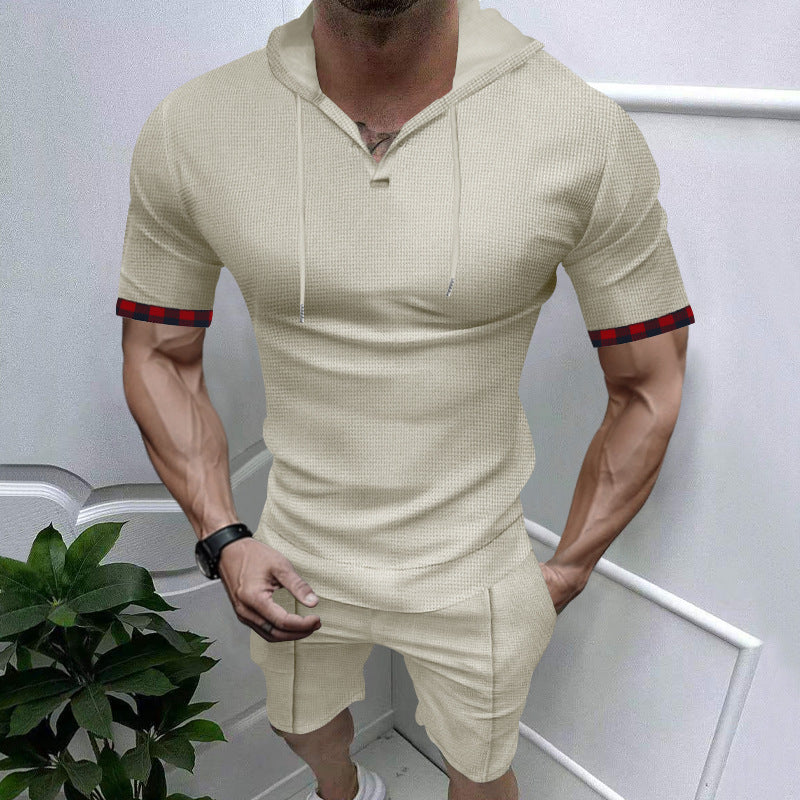 Herren nan sommerliches Kapuzen-Lounge-Set in leichter Waffelstruktur mit Kurzarm-Hoodie Henley-Öffnung und Komfort-Shorts Echo Archiv