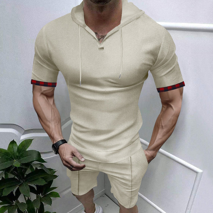 Herren nan sommerliches Kapuzen-Lounge-Set in leichter Waffelstruktur mit Kurzarm-Hoodie Henley-Öffnung und Komfort-Shorts Echo Archiv
