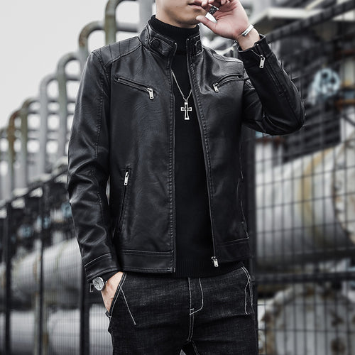 Herren Kunstleder-Motojacke im Aviator‑Stil mit Stehkragen und funktionalen Reißverschlüssen Echoarchiv