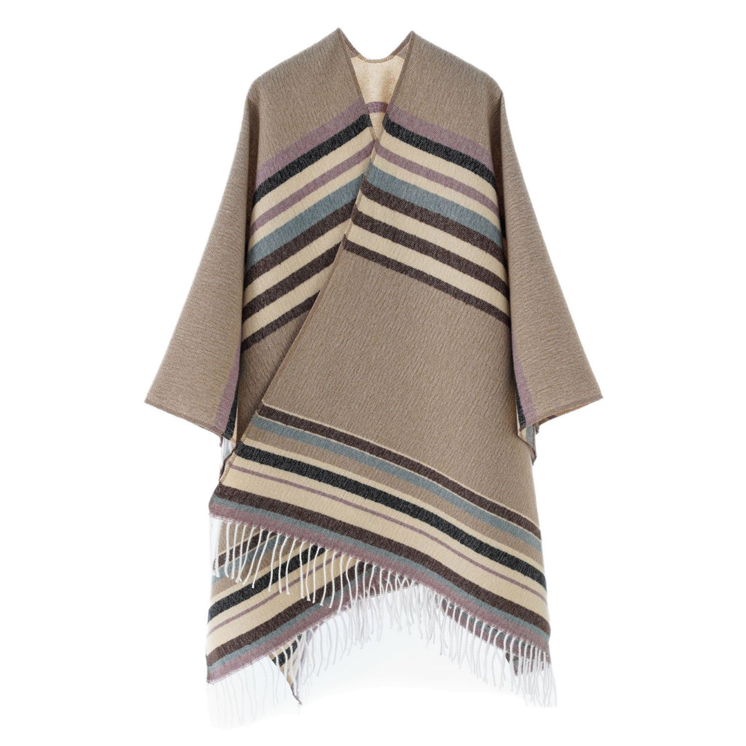 Damen Gestreifter Wollmix-Poncho mit Fransensaum – Avérine