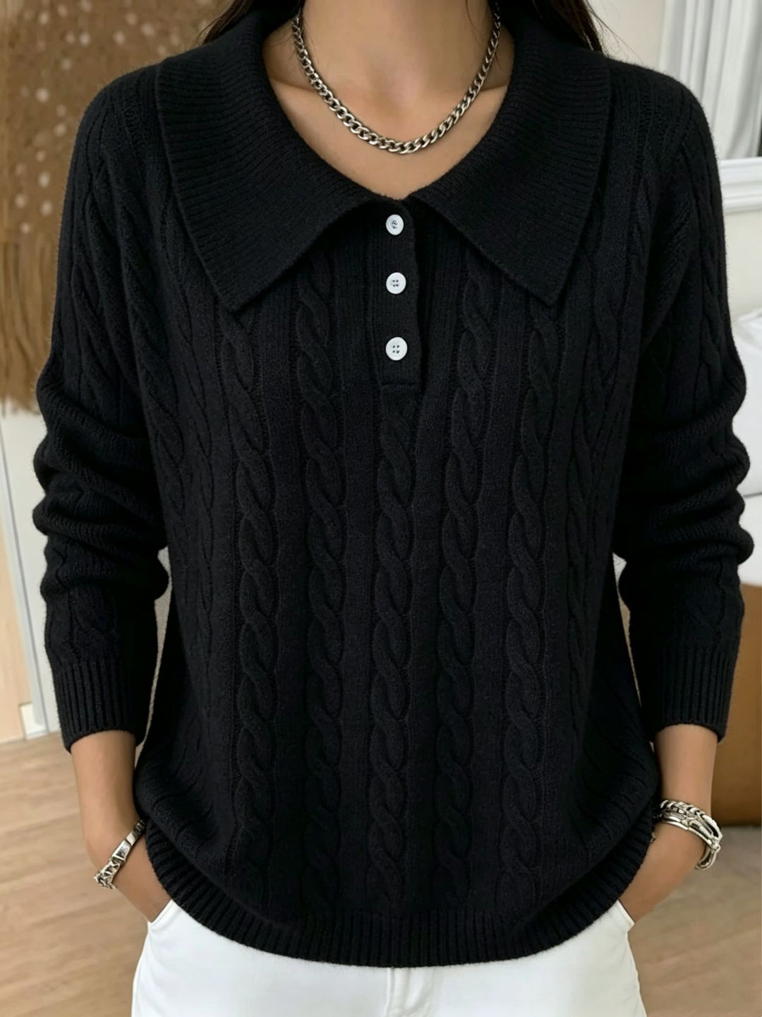 Damen Kabelstrick-Polo-Pullover mit großem Umlegekragen und lockerer Silhouette – Mavelle
