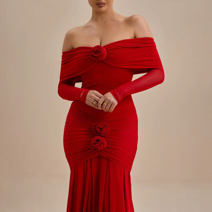 Damen Maxikleid mit schulterfreier Silhouette und dekorativen Rosen Echo Archiv
