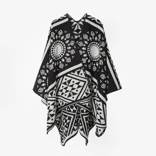 Damen Gewebter Oversize-Capeponcho mit aztekischem Jacquardmuster und dekorativer Kettelkante Echo Archiv