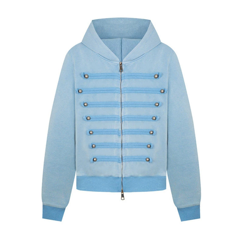 Damen Kapuzen-Sweatjacke im Military-Style mit Zierkordeln und Metallknöpfen Echoarchiv