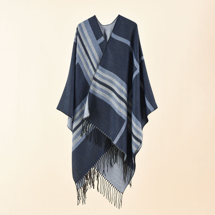 Damen Kastiger Ruana-Überwurf mit Fransen und diagonalem Streifenjacquard Echo Archiv
