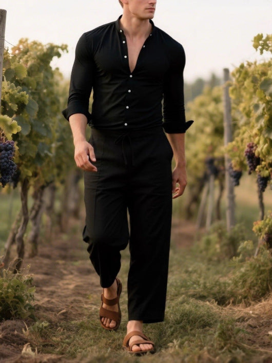 Herren Elegantes Langarm-Hemd mit praktischer Knopfleiste und lässiger Hose Echoarchiv