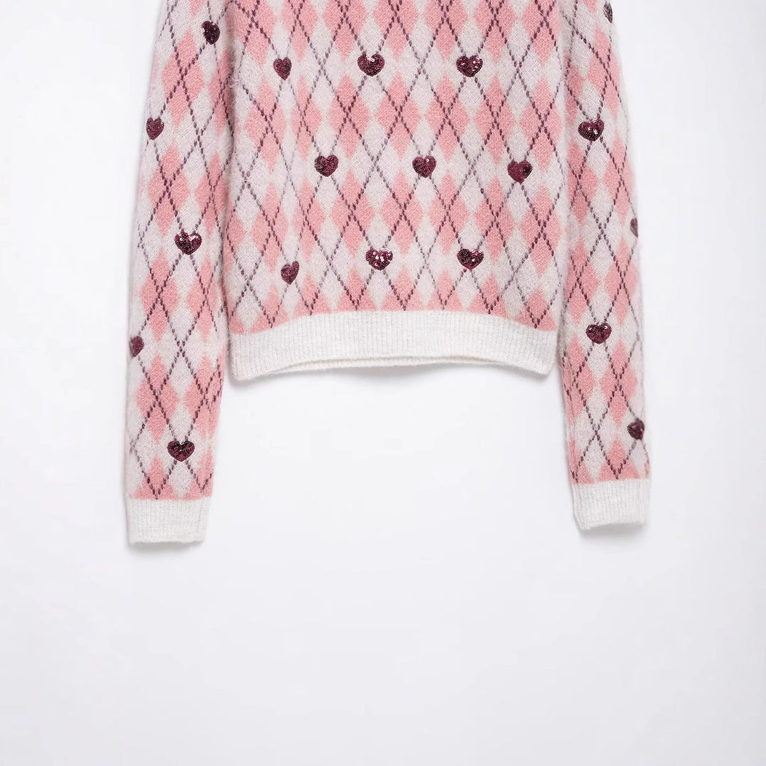 Damen nan verspielter Argyle-Strickpullover mit Paillettenherzen und Rundhalsausschnitt Echo Archiv
