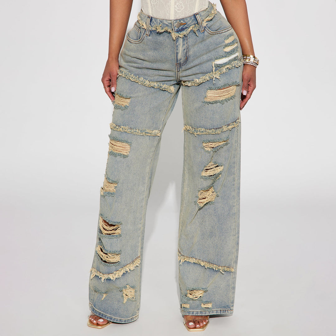 Damen Hochtaillierte Oversize-Jeans mit weitem Bein und ausgefransten Rissen Echo Archiv