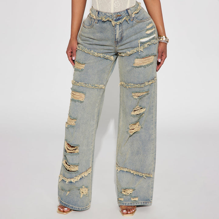 Damen Hochtaillierte Oversize-Jeans mit weitem Bein und ausgefransten Rissen Echo Archiv