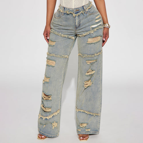 Damen Hochtaillierte Oversize-Jeans mit weitem Bein und ausgefransten Rissen Echo Archiv