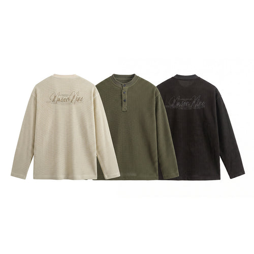 Herren Waffelstrick-Henley Langarmshirt mit Knopfleiste und entspannter Passform Echoarchiv