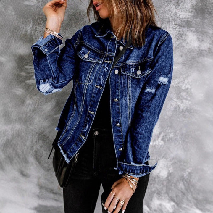 Damen Taillenbetonte Denim-Truckerjacke mit leichtem Destroyed-Effekt und Fransenbund Echo Archiv