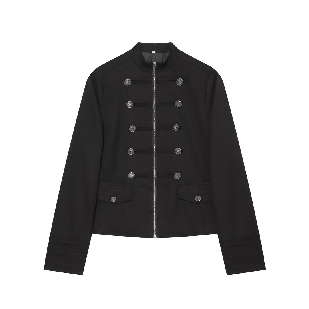 Damen Kurze Militärinspirierte Jacke mit Stehkragen Doppelreihenknöpfen und Reißverschluss Echo Archiv