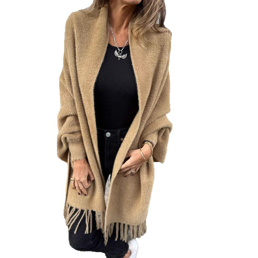 Damen nan langer kuscheliger Fransen-Cardigan mit Schalkragen und Oversize-Passform Echo Archiv